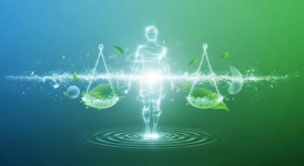 Digital Human Silhouette with Glowing Energy Standing Between Balanced Scales of Nature and Elements Symbolizing Holistic Wellness and Environmental Balance