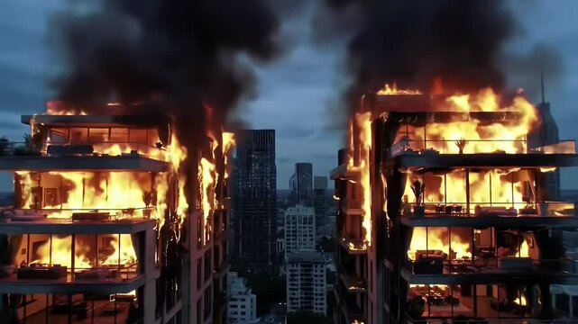 Burning High-Rise Buildings in Cityscape
