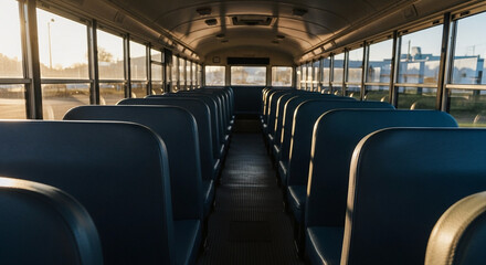 Interior View of an Empty School Bus with Rows of Blue Seats Bathed in Golden Sunlight Evoking Nostalgia and Back to School Themes