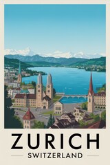 Vintage Zurich Travel Poster with Lake View and Swiss Alps – Retro Switzerland Cityscape Illustration