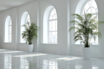 White, spacious room with arched windows and plants