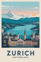 Vintage Zurich Travel Poster with Lake View and Swiss Alps – Retro Switzerland Cityscape Illustration