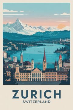 Vintage Zurich Travel Poster with Lake View and Swiss Alps &ndash; Retro Switzerland Cityscape Illustration