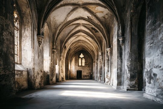 Sunlit, decaying, arched corridor in a historical building