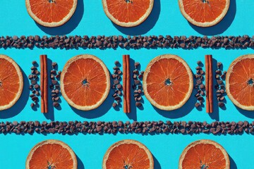 Orange slices, cinnamon, and chocolate arranged in a repeating pattern on a bright blue background