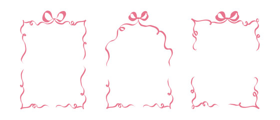 Whimsical wedding frames. Hand drawn coquette borders with ribbon and bow in simple crayon and sketch style. Trendy art for bachelorette party and wedding invitations. Vintage vector illustration