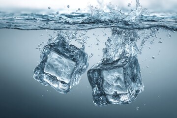 Two ice cubes plunging into water, creating splashes