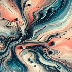 Vivid Cosmic Currents: An Abstract Explosion of Teal, Coral, and Cream Swirls Adorned with Deep Blue Ink Droplets