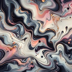 Luxurious Galactic Marbling: A Dark and Elegant Abstract Flow of Black, White, and Blush Tones Enhanced with Glistening Gold Veins