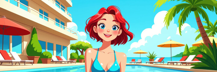 A smiling woman with red hair, wearing a blue bikini, standing by a pool with a tropical hotel in the background, this illustration captures her joyful and relaxed demeanor.