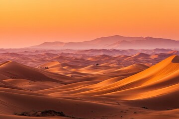 Fototapeta premium Vast desert landscape at sunrise. Golden dunes stretch towards hazy mountains