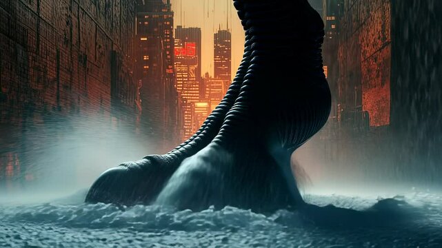 Giant monster foot stomping in flooded cyberpunk city street, cinematic