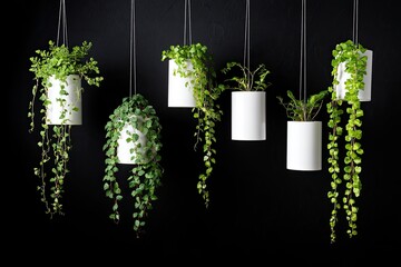 Hanging white planters with trailing greenery