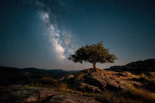 Starry night, Milky Way, lone tree - Powered by Adobe