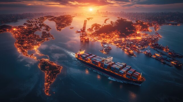 Container shipping visualization connecting continents via major ocean trade routes