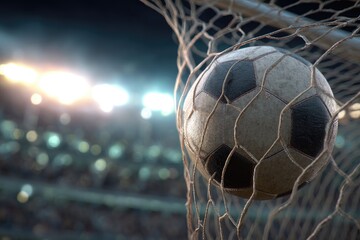 Soccer ball entering a net in a stadium