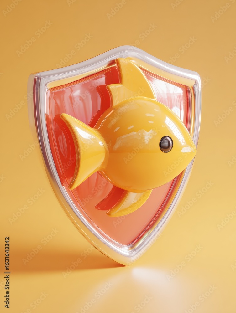 Poster Shield Deflecting a Phishing Bug With a Vibrant Yellow Fish Design Against a Clear Background