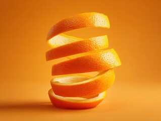 Artistic arrangement of orange slices stacked in a spiral pattern against warm orange background