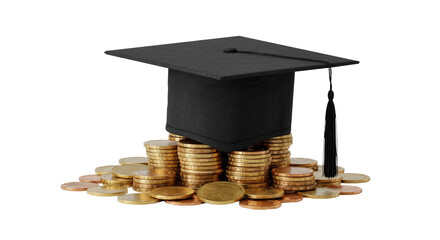 Graduation cap on gold coins symbolizing education cost isolated on transparent background