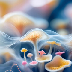 Delicate mushrooms glowing in golden light. Soft-focus fantasy forest with dreamy atmosphere.