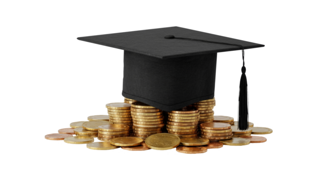 Graduation cap on gold coins symbolizing education cost isolated on transparent background