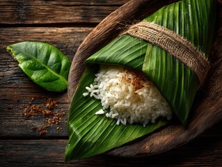 Traditional Asian sticky rice wrapped in banana leaf on rustic wooden surface with green leaves and natural light