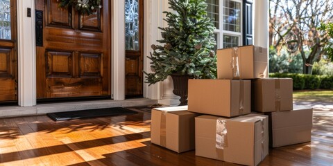 Stack of cardboard boxes sitting on porch of house with christmas tree