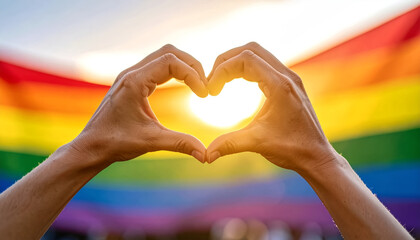 Obraz premium Close-up of hands creating a heart shape over a rainbow pride background