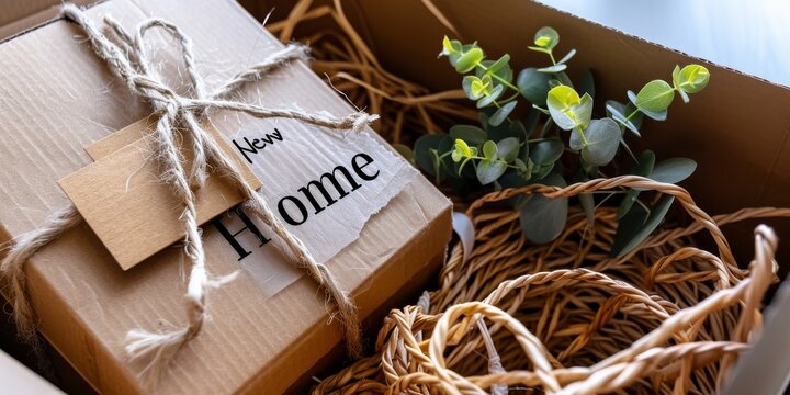 Cardboard box containing new home gift and eucalyptus plant