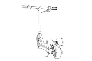 e-scooter Electric Scooter Technical Drawing Illustration - Blueprint Style Line Art for Urban Mobility and Engineering Design - Monochrome Outline Schematic Diagram for Modern Vehicle Technology 