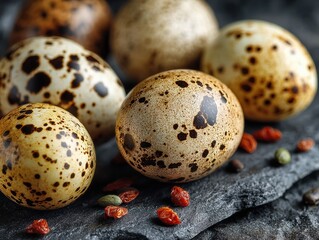 Obraz premium Freshly laid speckled quail eggs arranged on dark slate surface with herbs and spices for culinary use
