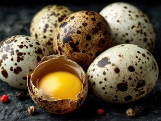 Obraz premium Group of six speckled quail eggs with one cracked open revealing a bright yellow yolk on dark textured surface
