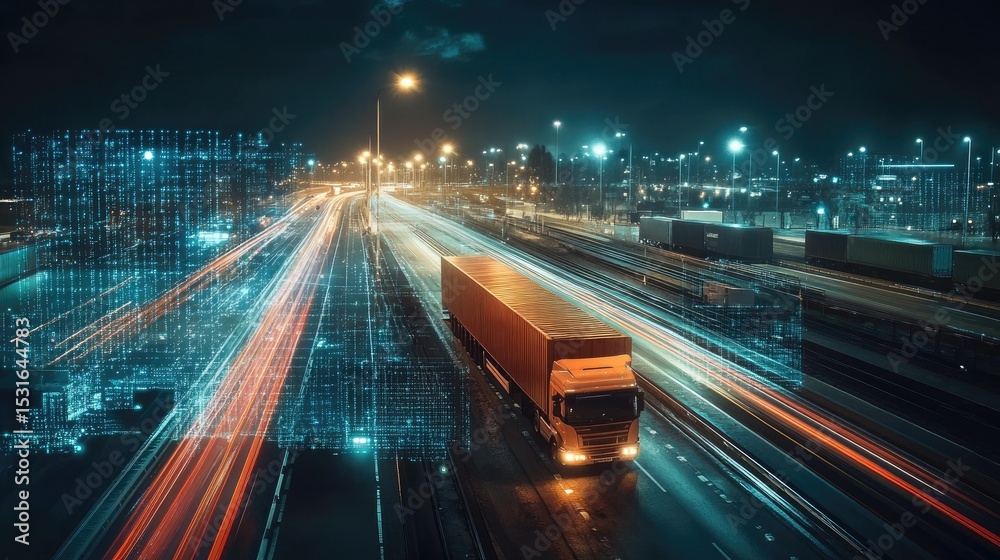 Poster interactive map with logistics overlays showing optimal routes and traffic prediction