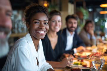 Smiling woman with colleagues at a dinner event