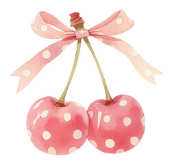 Plakat PNG Coquette polka dot cherry cherries illustration watercolor.