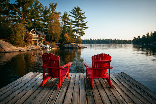 Red chairs on dock overlooking lake