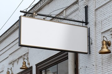 Blank rectangular sign on a white brick building