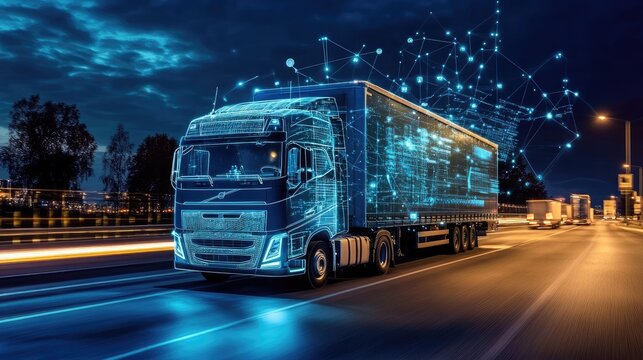 Night logistics operation showing vehicle lights in motion with digital overlays