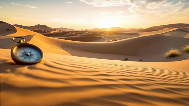 Antique style compass resting on desert sand dunes at sunset, navigation and exploration concept, adventure and travel photography