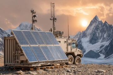 Military communication station with solar panels, at high-altitude mountain location, sunset