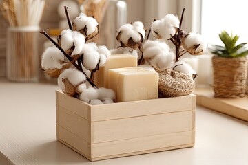 Wooden box with cotton soap and flowers