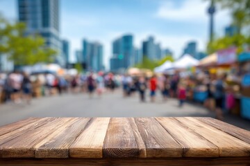 Wooden tabletop over a bustling city market