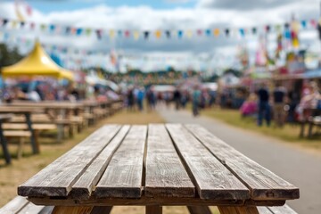 Wooden picnic table at a festival
