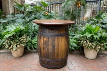Rustic wooden barrel bar table surrounded by lush greenery