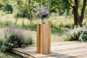 Wooden pedestal with a vase of lavender flowers on a deck