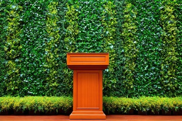 Wooden podium against a vibrant green wall of plants
