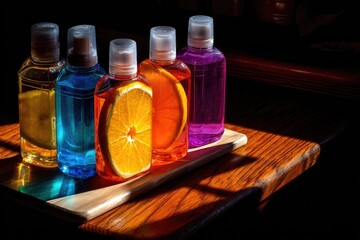 Colorful bottles with orange slices, on a light wooden tray, in a dark setting