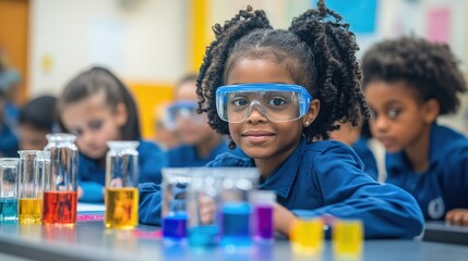 Curious African American Girl in Lab Glasses Engaging in Colorful Science Experiment in Classroom Setting