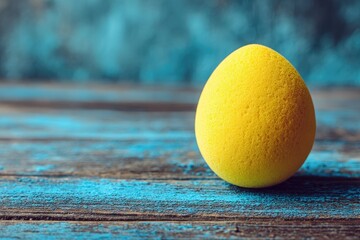 Bright yellow Easter egg on rustic wooden table with teal backdrop