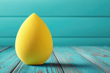 Bright yellow makeup sponge on teal wooden background